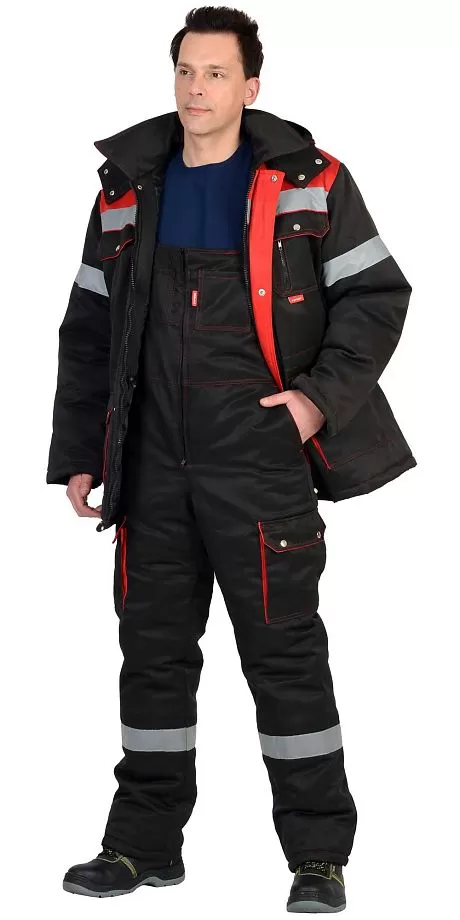 Костюм «ТИТАН» куртка длинная, полу комбинезон черный с красным СОП 50 мм